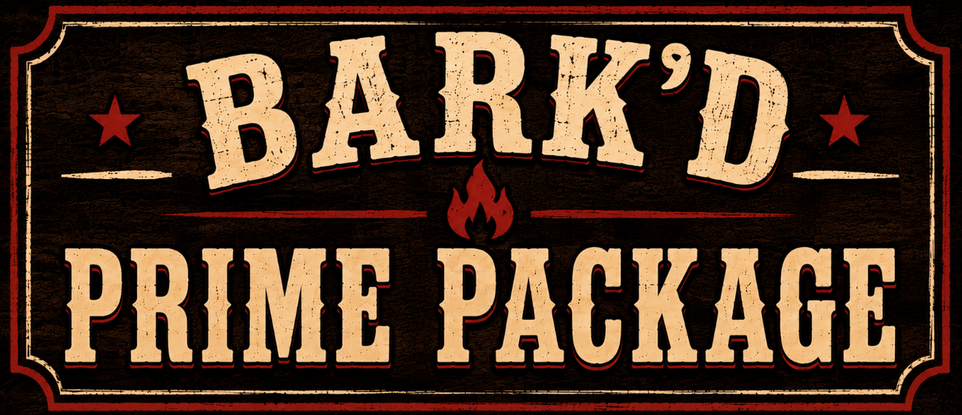 Vintage style sign reading 'Bark'd Prime Package' with decorative borders, stars, and a flame icon, black background with red and beige accents.