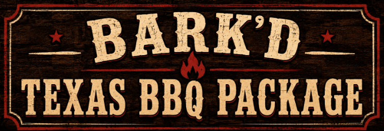 Sign advertising 'Bark'd Texas BBQ Package' with a dark background, bold beige text, red accents, and a small flame icon in the center.