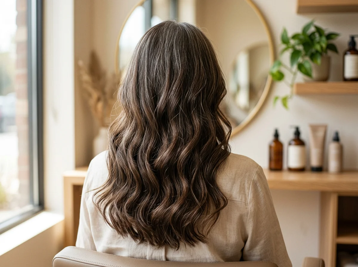 Back of a woman's long, wavy dimensional brunette hair with soft gray blending, in a Denver hair salon
