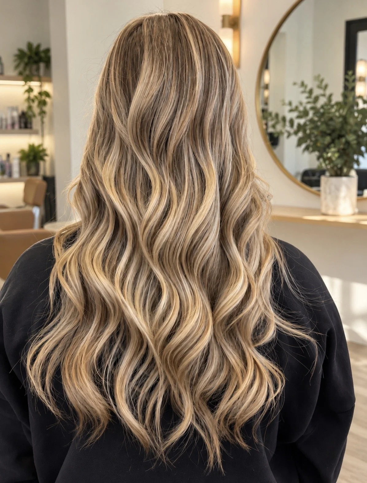 Long golden blonde balayage with soft waves, back view, by Sarah Caston Hair