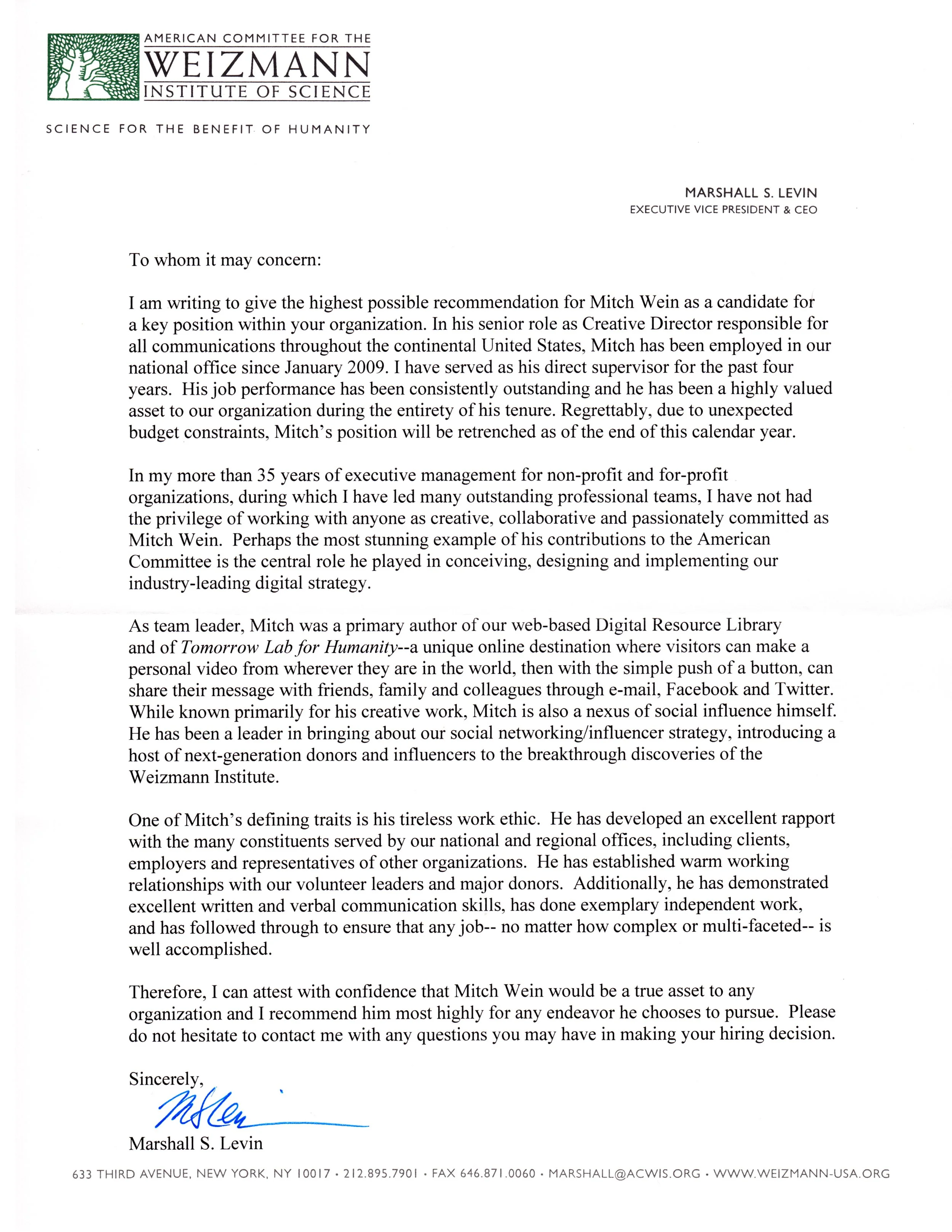 Letter from Marshall S. Levin recommending Mitch Wein for a key position. The letter is on the letterhead of the Weizmann Institute of Science and includes Levin's signature and contact information at the bottom.