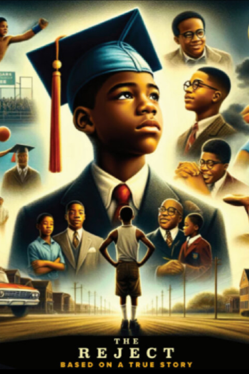 Poster for the movie "The Rejct" showing a young boy in a graduation cap and gown at the center, surrounded by images of other children and adults, with a city street scene at the bottom.