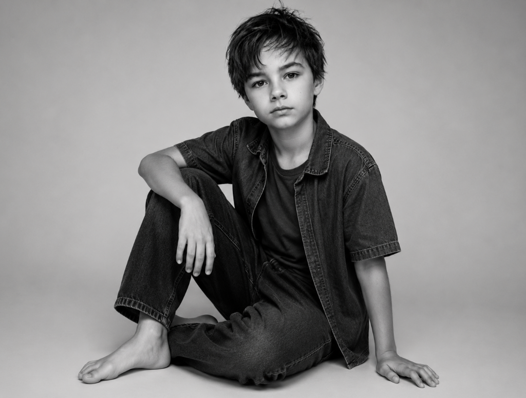 Black and white photo of a young boy with tousled hair, sitting on the floor with one leg bent and the other extended, wearing a denim jacket and jeans, looking directly at the camera.