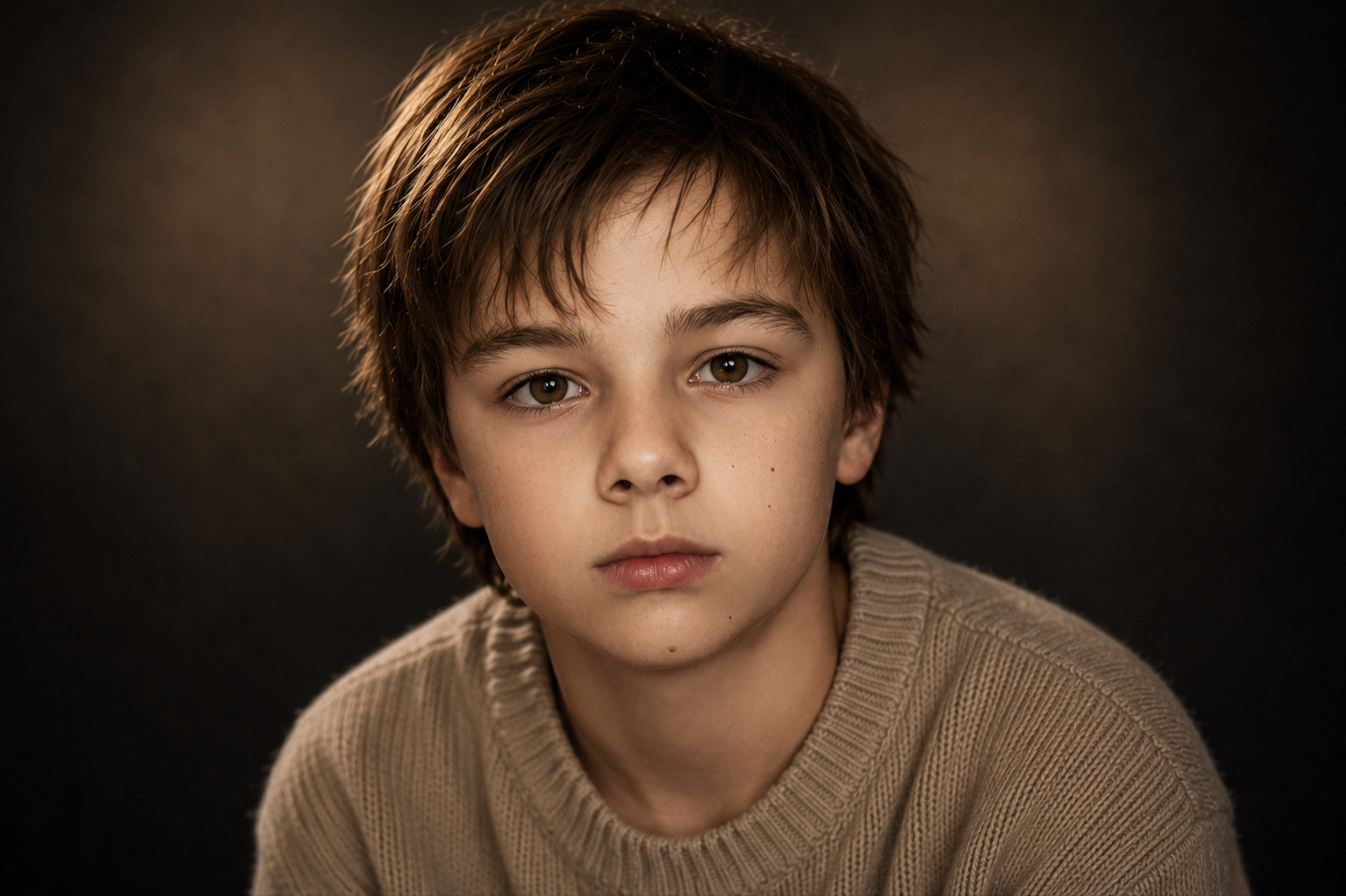 Close-up of a young boy with brown hair and hazel eyes, wearing a beige knitted sweater, against a dark background.