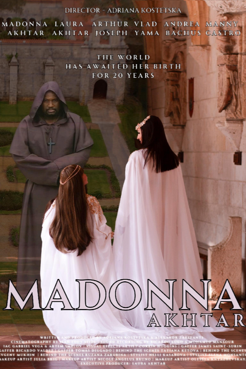 A movie poster for 'Madonna Akhtar' featuring a bearded man in a monk's robe with a cross necklace, and two women dressed in white robes with headbands, standing in front of ancient architectural structures.