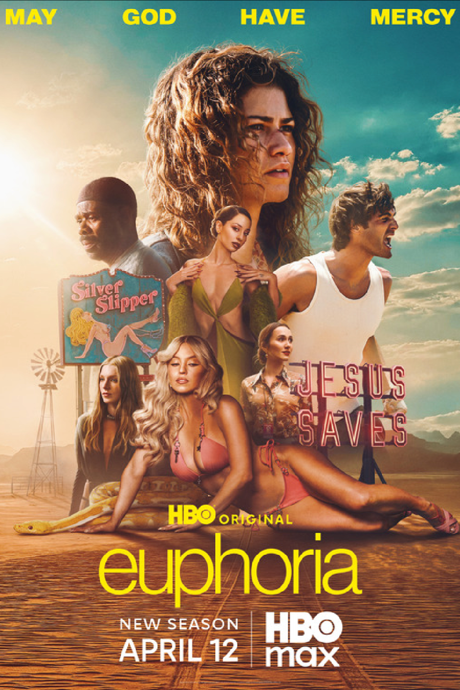 Poster for the TV series 'Euphoria' featuring various characters against a desert landscape and blue sky, with the phrase 'May God Have Mercy' at the top and the release date April 12 at the bottom.