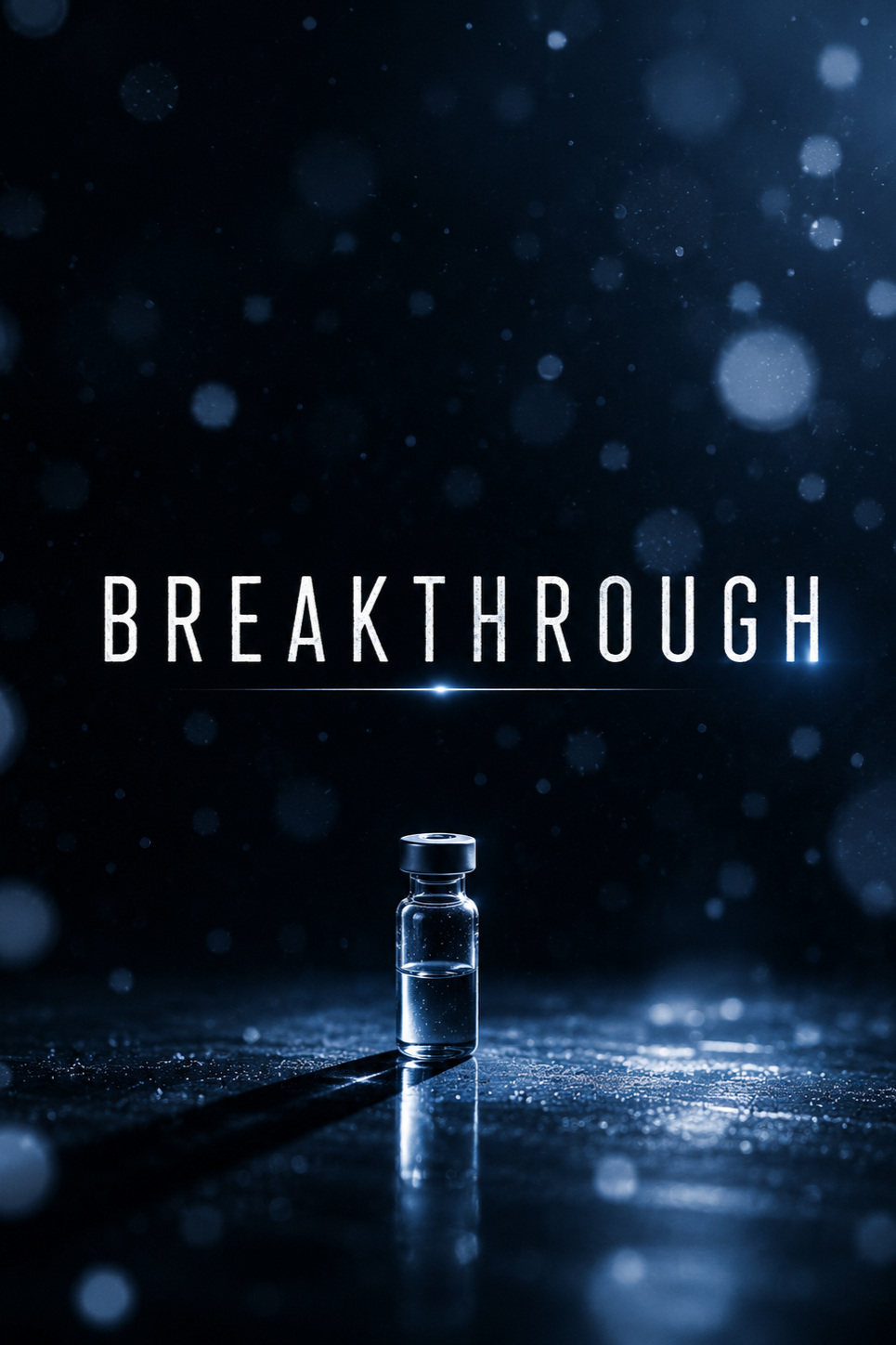 A small vial is filled with a clear liquid, placed on a reflective surface, with the word 'BREAKTHROUGH' glowing behind it against a bokeh dark background.