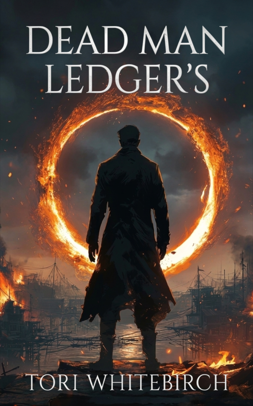 A person standing in front of a glowing, fiery ring with a stormy sky and a burning cityscape in the background, on a book cover titled 'Dead Man Ledger's' by Tori Whitebirch.