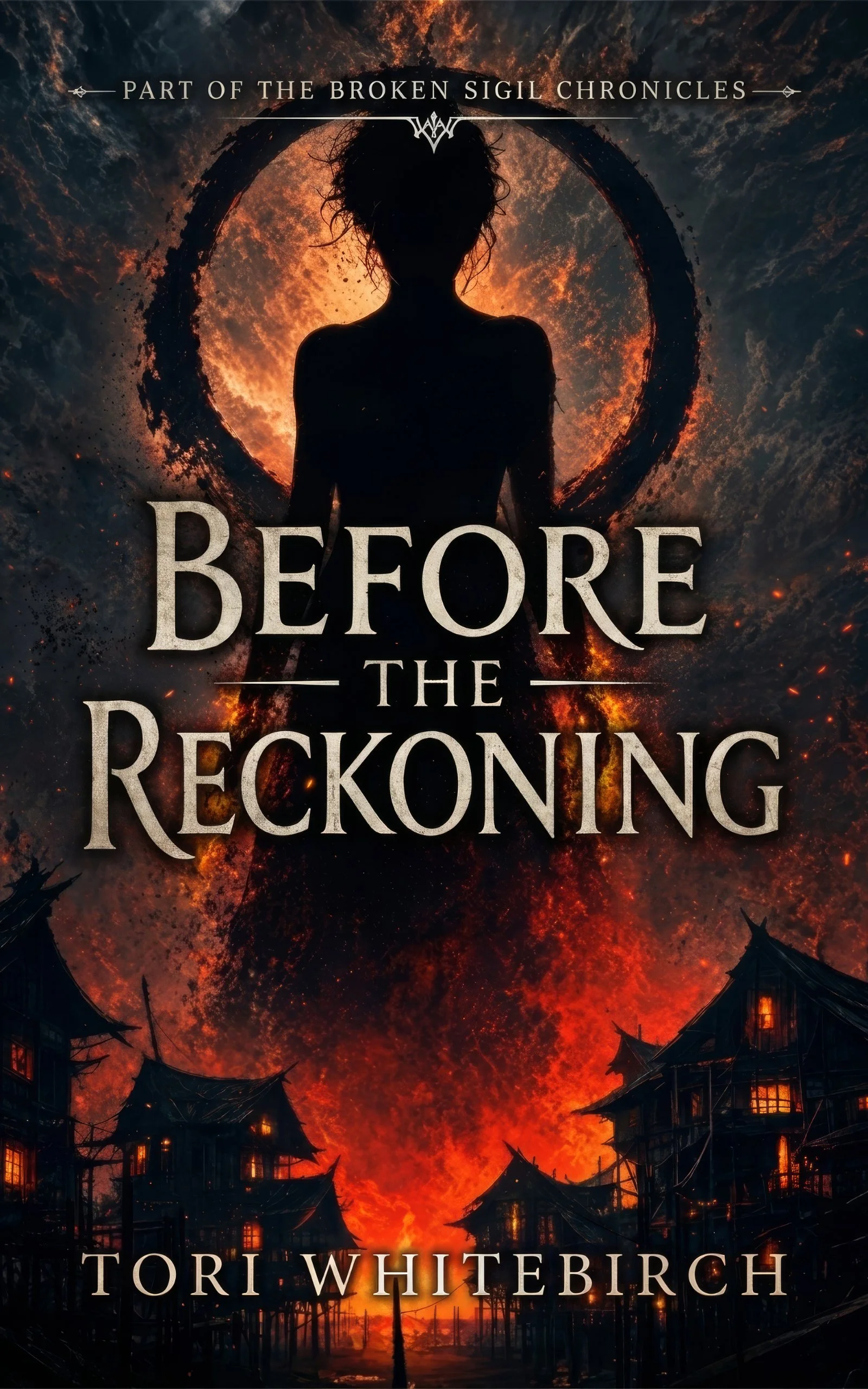 Book cover for 'Before the Reckoning' by Tori Whitebirch, featuring a silhouette of a woman against a fiery orange and black background with a circular design and houses at the bottom.