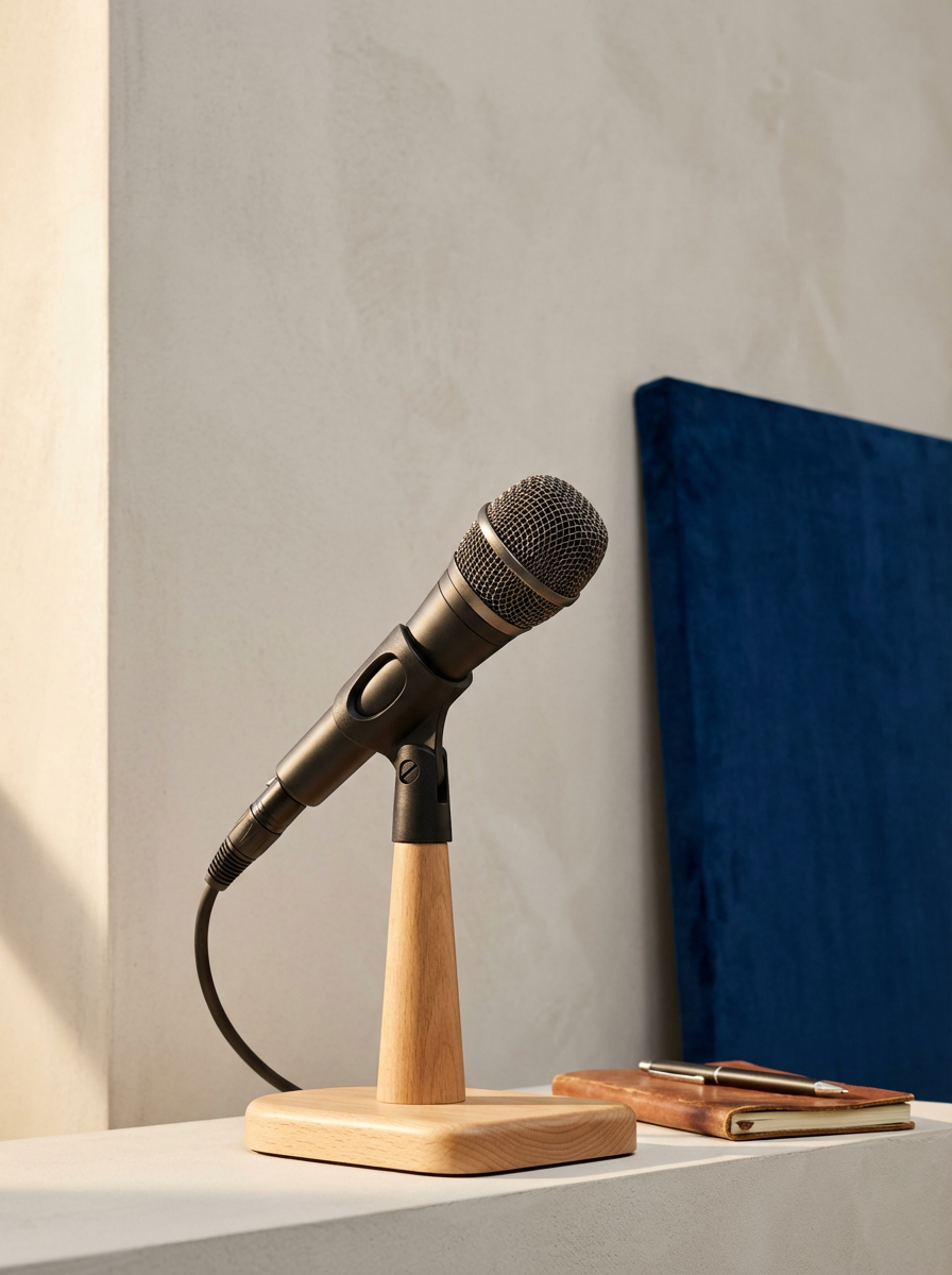 Microphone on a wooden stand placed on a white surface, with a notebook and pen beside it, against a light-colored wall with a blue panel.