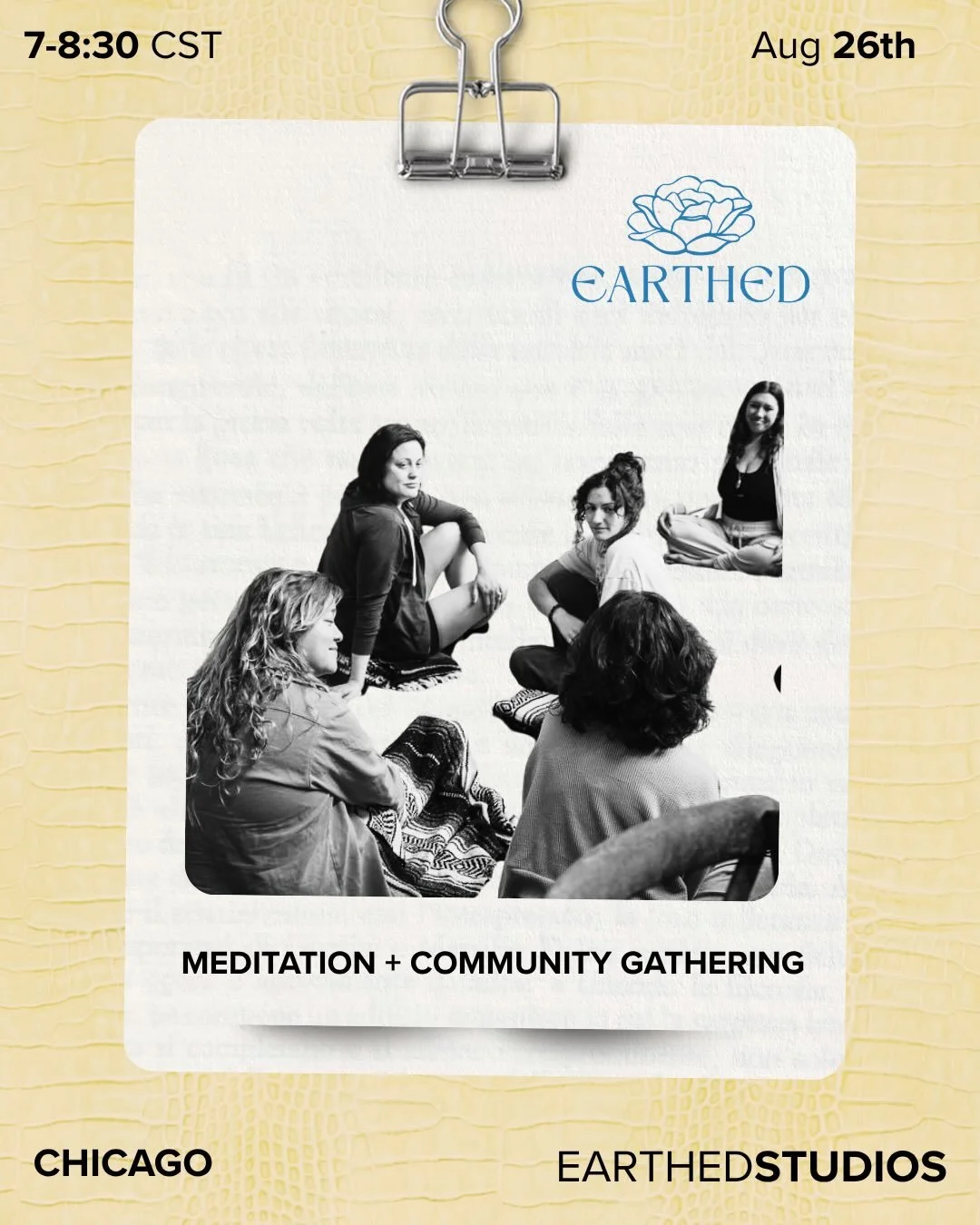 Our first Earthed event is this month! 

Help us celebrate our soft opening with a night of community &amp; connection ✨

💛August 26th
🌿7-8:30pm
📍Earthed Studios
💫Tickets in bio

See you there! 

#chicagowellness #meditation #reiki #energyhealing