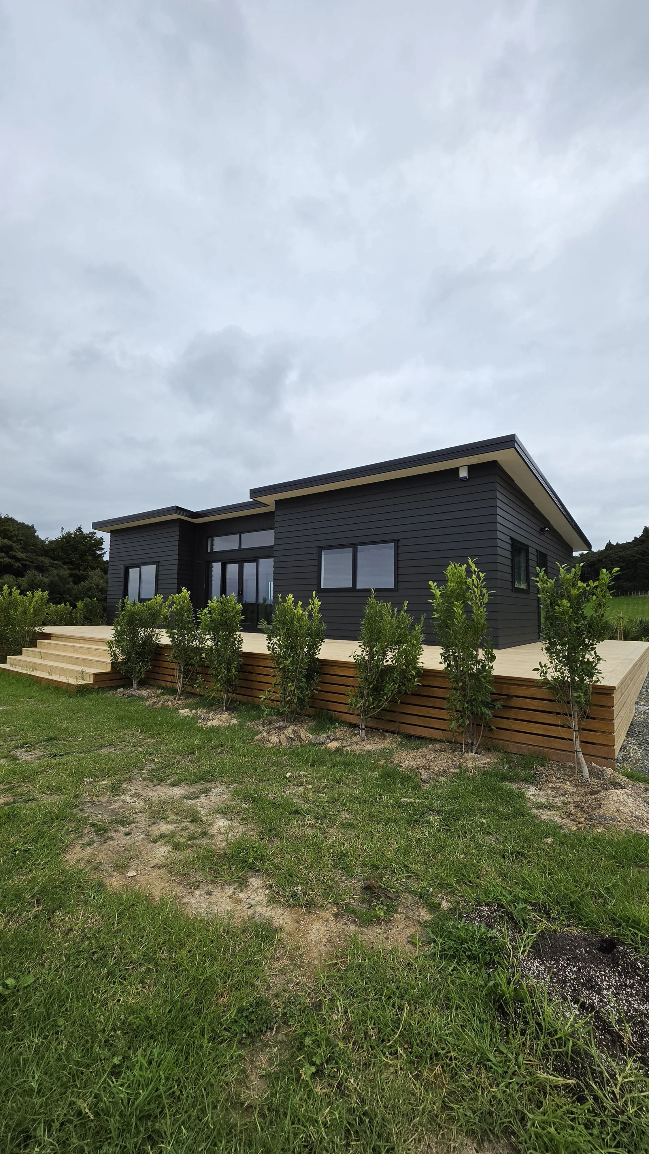 A modern black house with large windows, a wooden deck, and small trees planted along the front, under a cloudy sky.