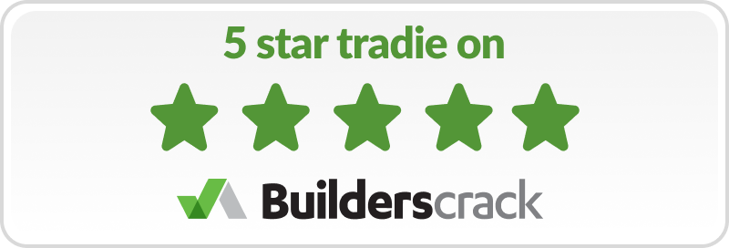 Green text reading '5 star tradie on', five green stars, and the Builderscrack logo at the bottom.