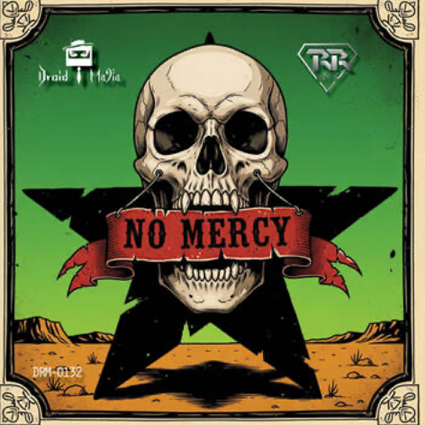 A skull with black eye sockets and a graze on the forehead, in front of a green background with a star behind it. A red banner with the text 'NO MERCY' is across the skull's mouth. The scene depicts a desert landscape with mountains in the distance.