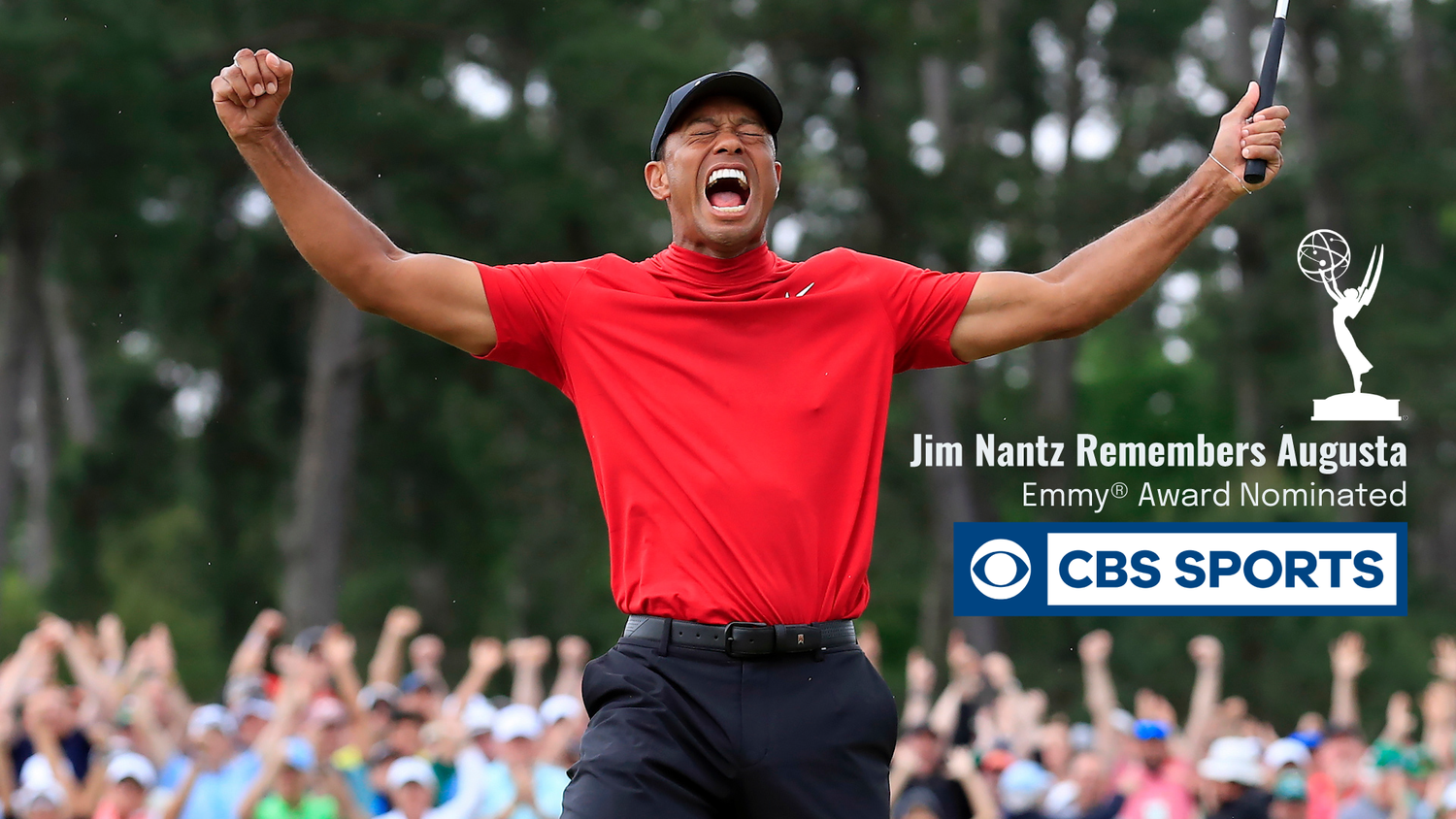 A man wearing a red shirt and black cap celebrating with arms raised in front of a crowd. Text overlay includes "Jim Nantz Remembers Augusta Emmy® Award Nominated" and CBS SPORTS logo.