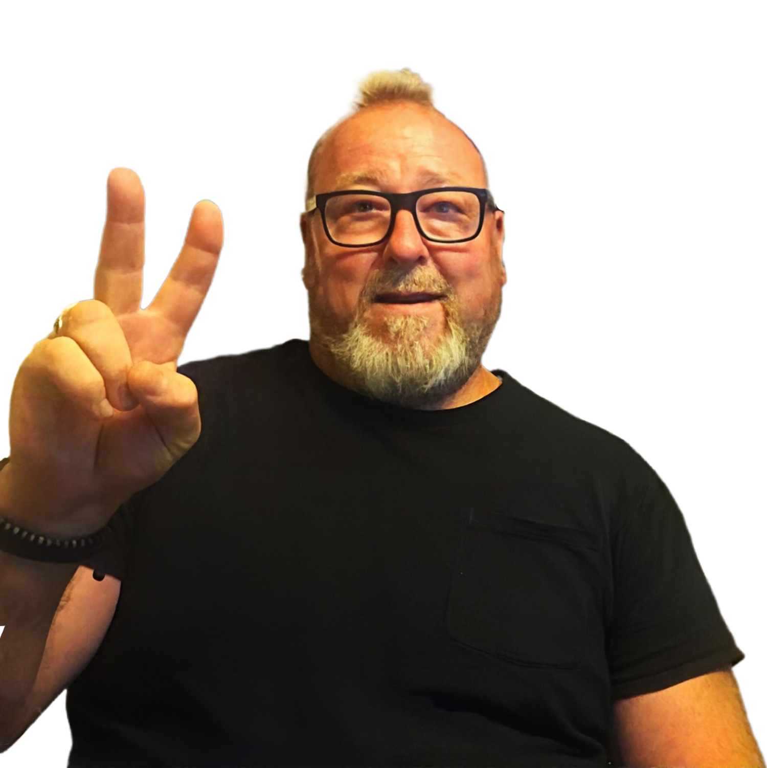 A man with glasses and a beard smiling and making a peace sign with his hand.