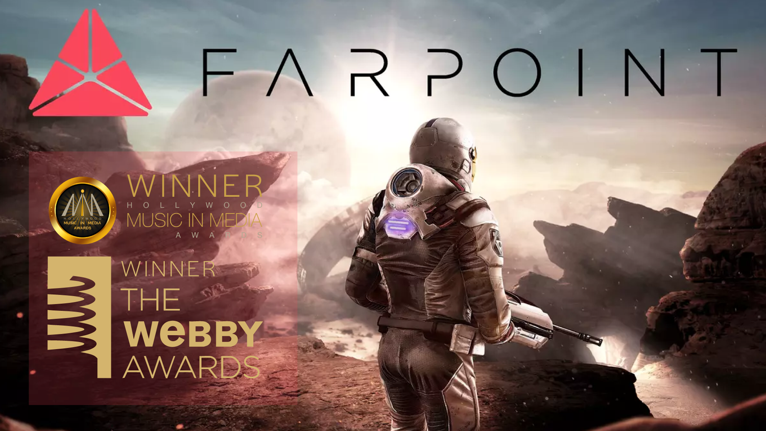 Fictional scene of an astronaut in a space suit holding a futuristic weapon on a rocky alien landscape with planets and moons in the sky, featuring a logo and text for the Farpoint video game and the Webby Awards.