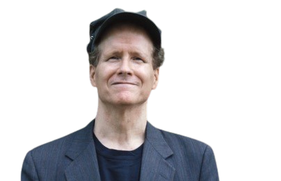 A man smiling, wearing a dark jacket and a black cap, with a black background.
