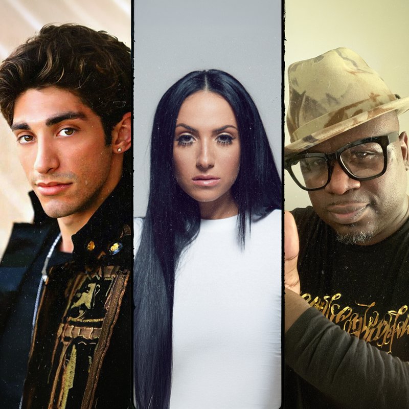 A collage of three portraits featuring a young man with dark wavy hair, a woman with long black hair and a light makeup, and a man wearing glasses, a camouflage hat, and a black t-shirt with gold writing.