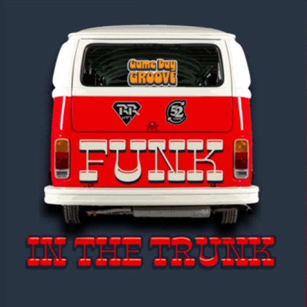 The back of a colorful Volkswagen van with stickers, including a "Game Boy Groove" sticker. The van has the word "FUNK" in large letters and the phrase "IN THE TRUNK" below it.