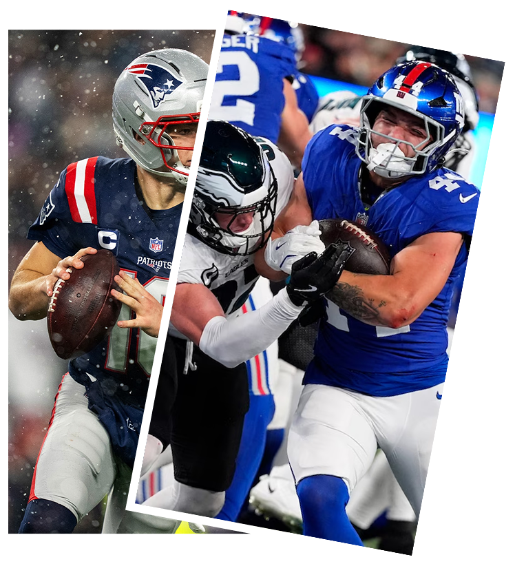 A collage of two American football players in action. One player from the New England Patriots is holding a football, wearing a dark blue jersey with red and white accents, and a helmet with the Patriots logo. The other player from the New York Giants, in a blue jersey and a helmet, is being tackled by a player from the Philadelphia Eagles, who is wearing a black and white jersey and helmet. The background shows a stadium scene.
