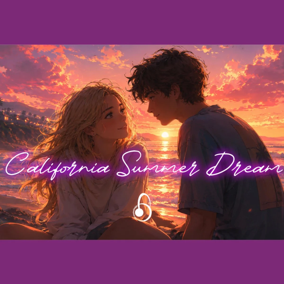 A romantic scene with a young man and woman sitting on the beach during sunset, with pink and orange clouds in the sky, and the words 'California Summer Dream' written across the image.