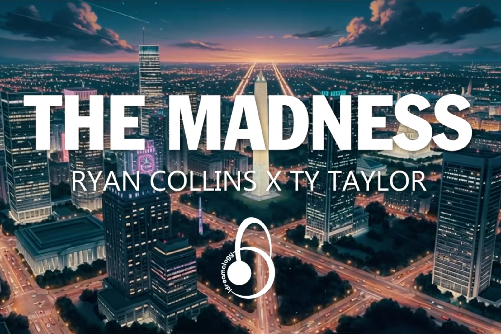 Nighttime aerial view of a city with illuminated skyscrapers and streets, with the Sun setting in the background. Overlaid text reads "The Madness" and "Ryan Collins x Ty Taylor" with a podcast logo.