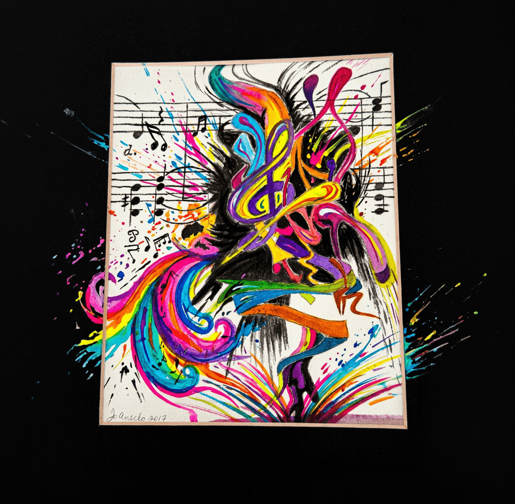 Colorful abstract painting of a mythological creature with vibrant flowing colors, musical notes, and splashes of paint, signed by L. Angelo in 2017.
