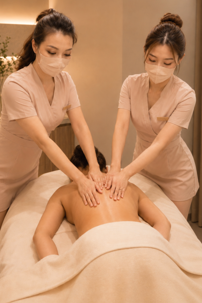 Two therapists performing a synchronized four-hand massage in a private wellness studio in Melbourne CBD.