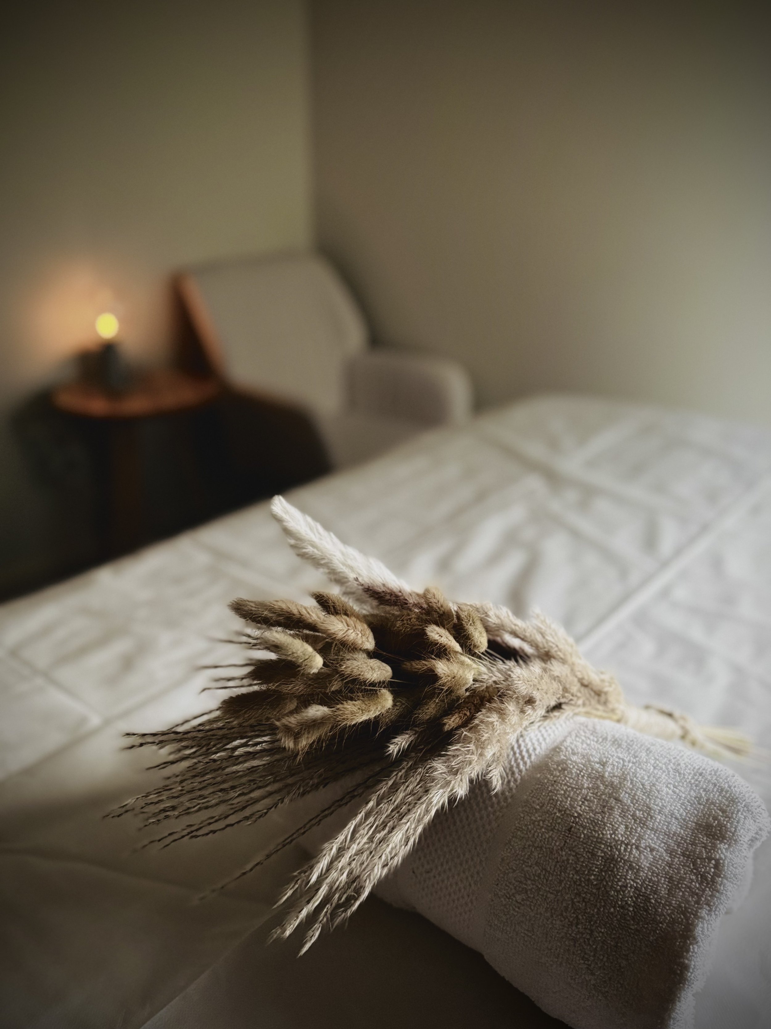 Close-up of a bundle of dried, striped feathers resting on a light-colored fabric surface, with a blurred background including a bed and a bedside table with a small lamp.