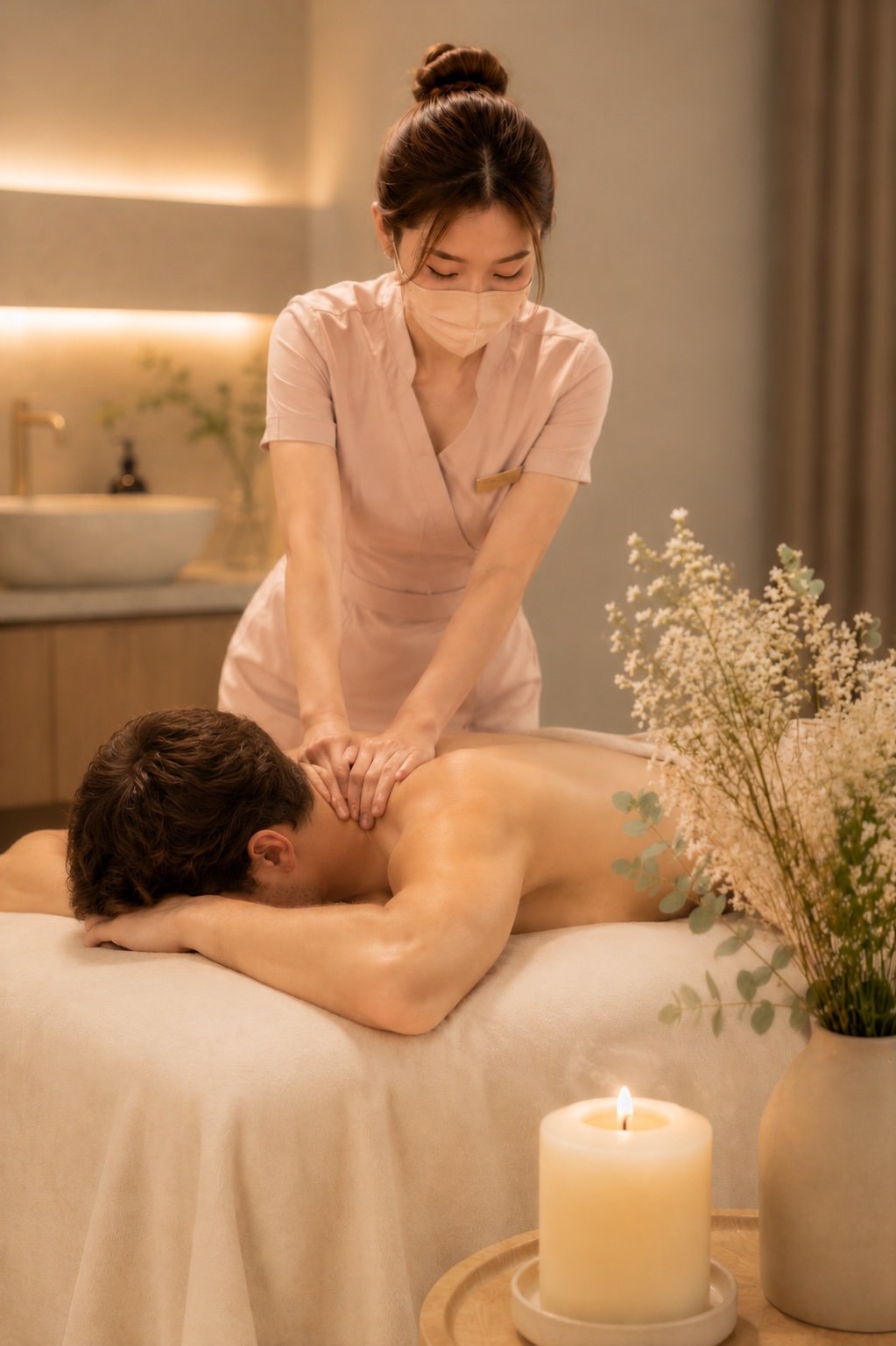 Female therapist providing a professional relaxation massage for a male client at FLUX private wellness studio in Melbourne CBD.