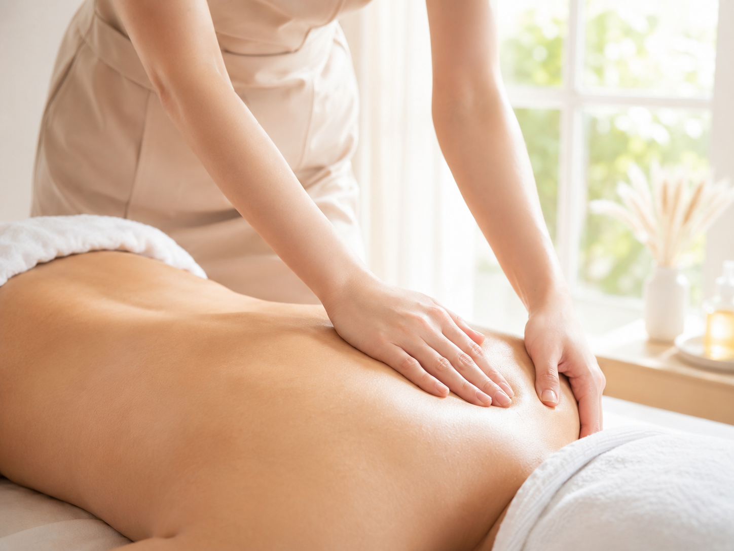 Therapist performing a personalised back massage in a bright and calming treatment room.