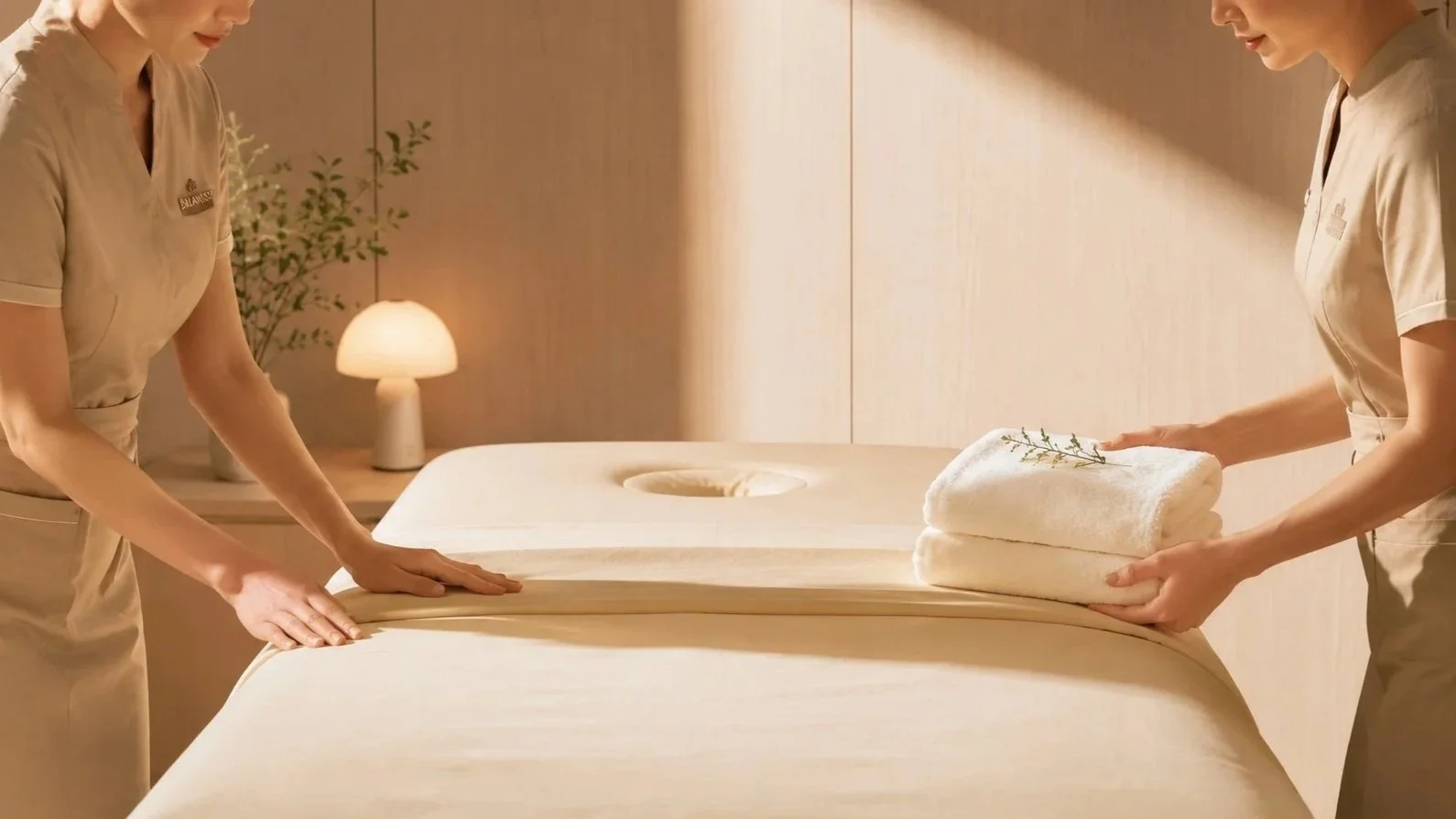 Two spa workers in beige uniforms preparing a massage table with a folded towel decorated with a sprig of greenery, in a softly lit room.