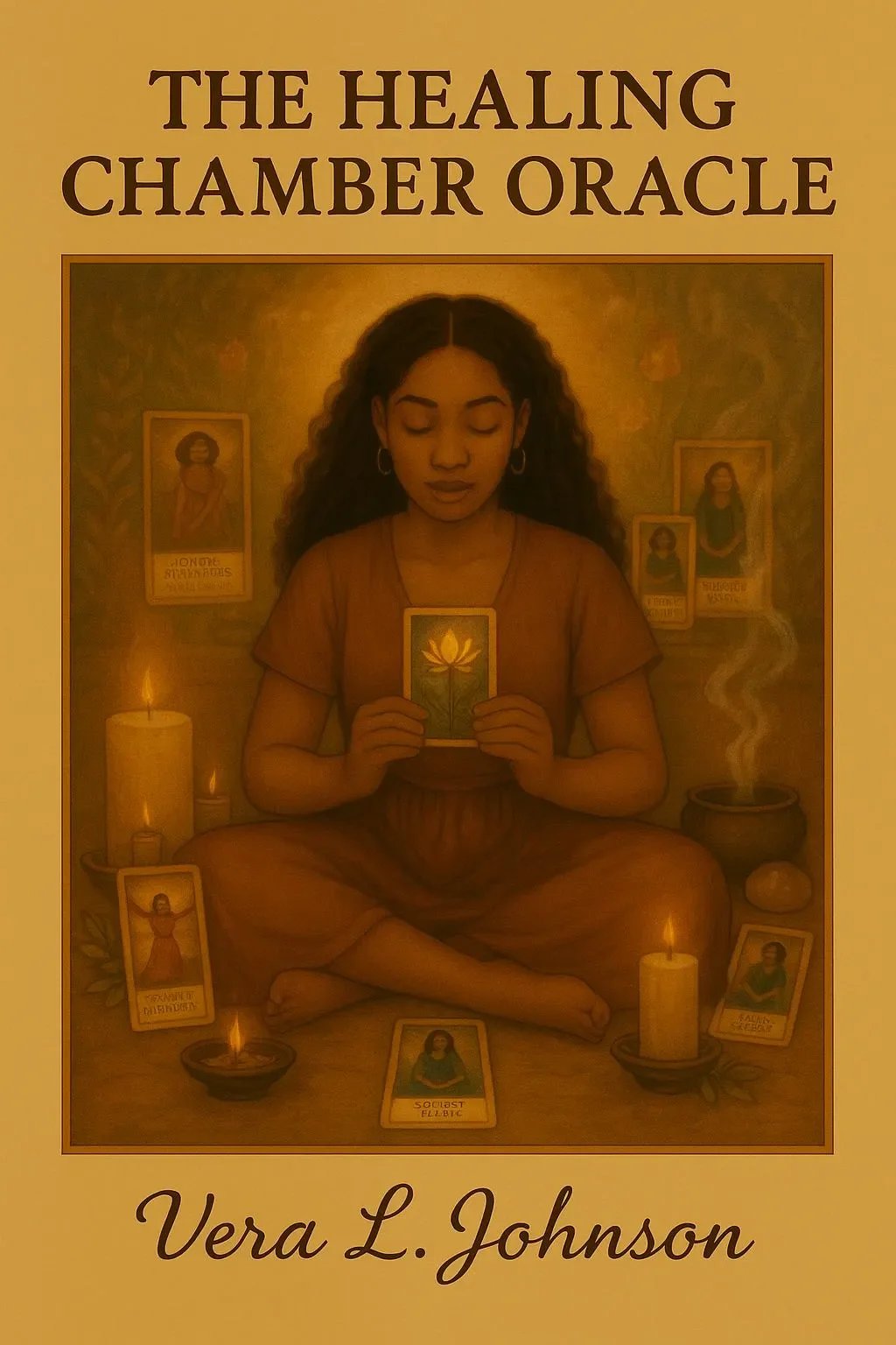 Book cover titled "The Healing Chamber Oracle" by Vera L. Johnson, featuring an illustration of a woman sitting cross-legged, holding a card with a lotus flower, surrounded by candles, tarot cards, and mystical imagery in a warm, earthy color palette.