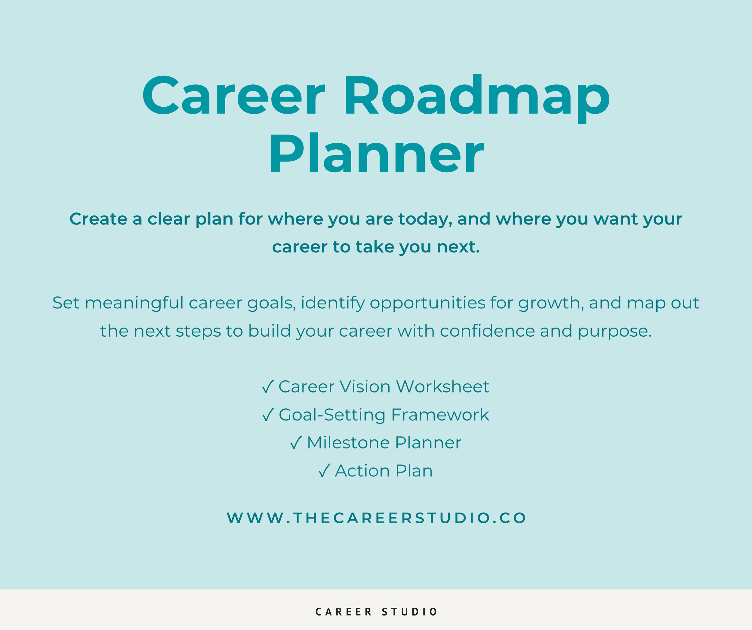 Cover page of a career planning ebook titled "Career Roadmap Planner" with a subtitle about creating a clear career plan, Career Studio | Your next step could change everything. Practical career planning resources.