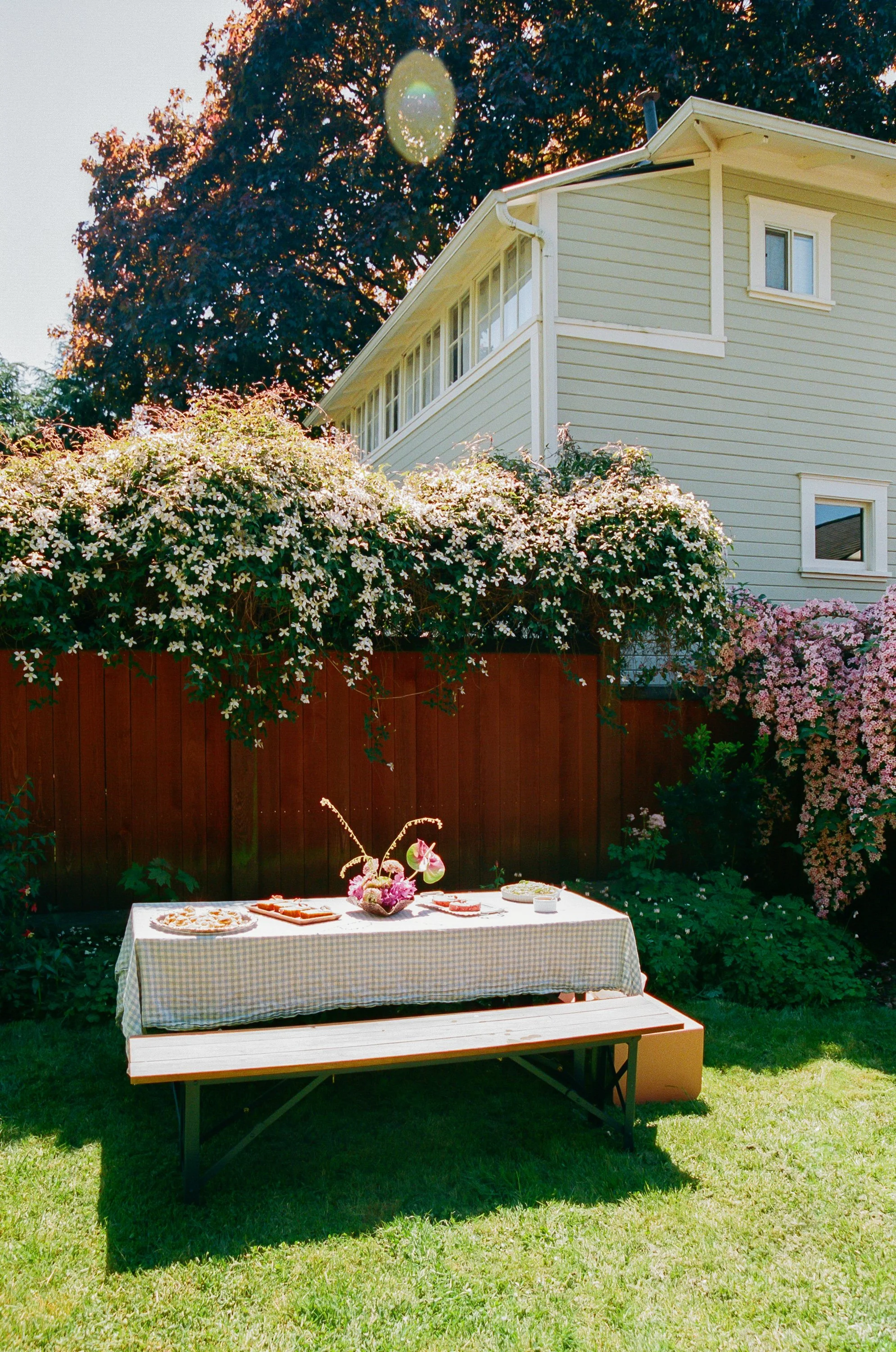 An outdoor backyard scene during daytime with a table covered in a checkered tablecloth, holding a floral centerpiece, a pizza, and various dishes. Behind the table is a wooden fence covered with white and pink flowering plants, with a beige house an
