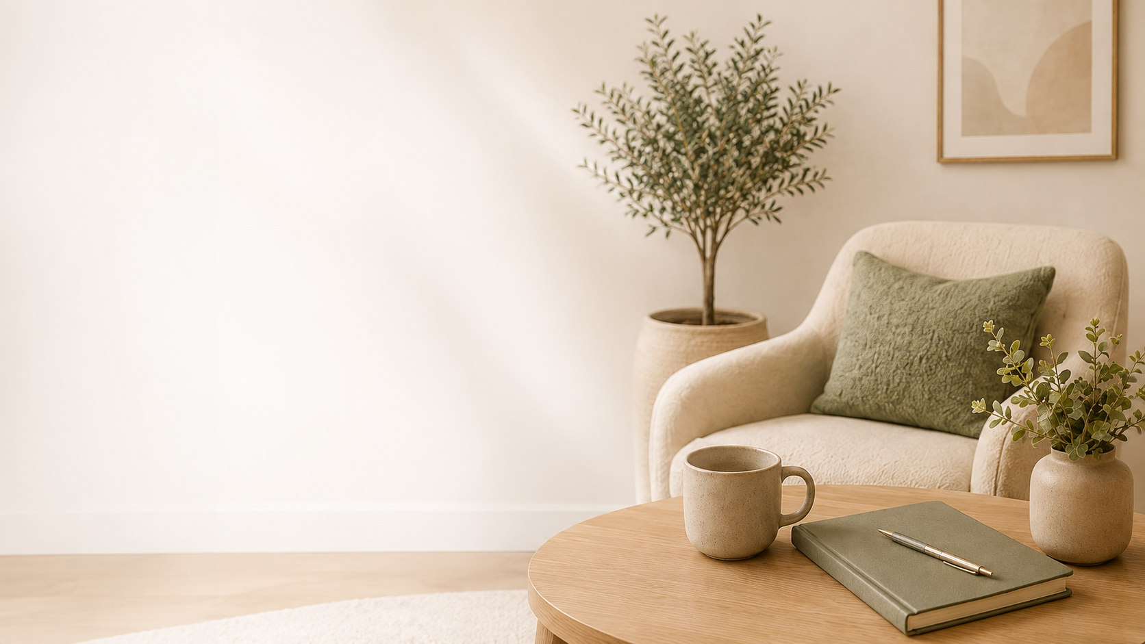 A cozy living room corner with a beige armchair, green pillow, potted plant, and decorated table with a cup, notebook, and pen, against a white wall with wall art.