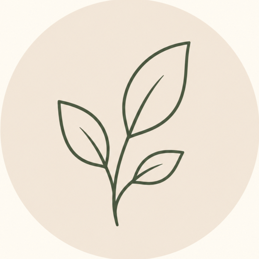A simple line drawing of a small plant with three leaves on a light, circular background.