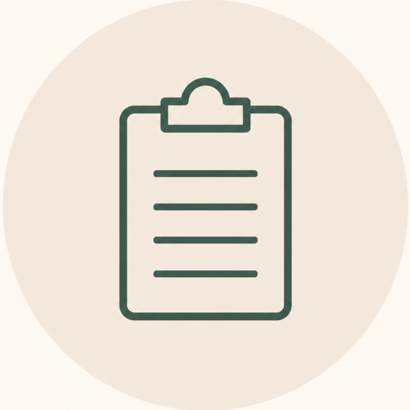 Icon of a clipboard with lines representing text on it, on a light background.