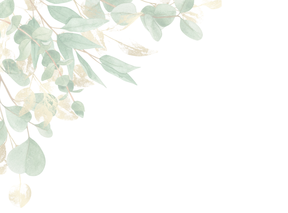 A spray of eucalyptus leaves and branches with gold accents.