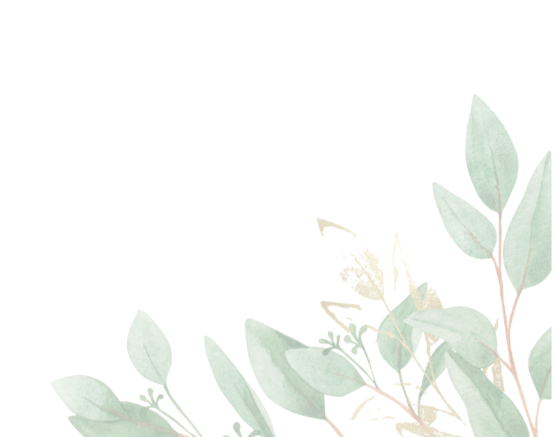 Watercolor illustration of green leaves and gold accents on a black background.