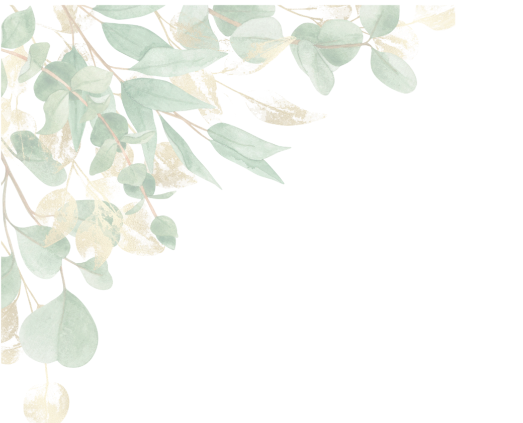 Watercolor painting of green eucalyptus leaves with some yellow and golden highlights.