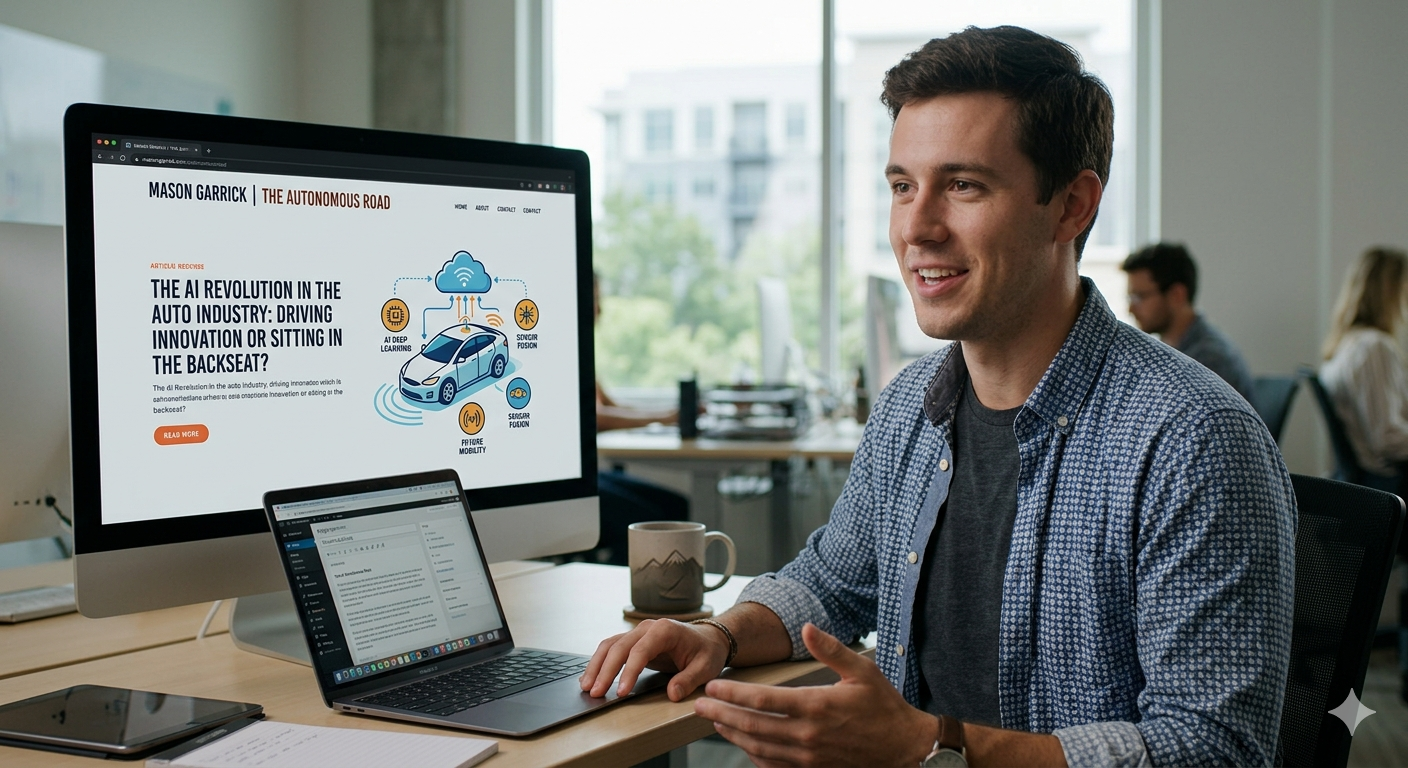 A young man in a blue shirt using a desktop computer and a laptop at a desk, with a presentation on the computer screens about AI and autonomous vehicles.