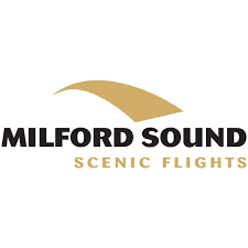 Milford Sound Scenic Flights logo with a stylized golden mountain or wave design above the text.