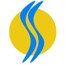 Logo with blue wavy lines in front of a yellow circle background