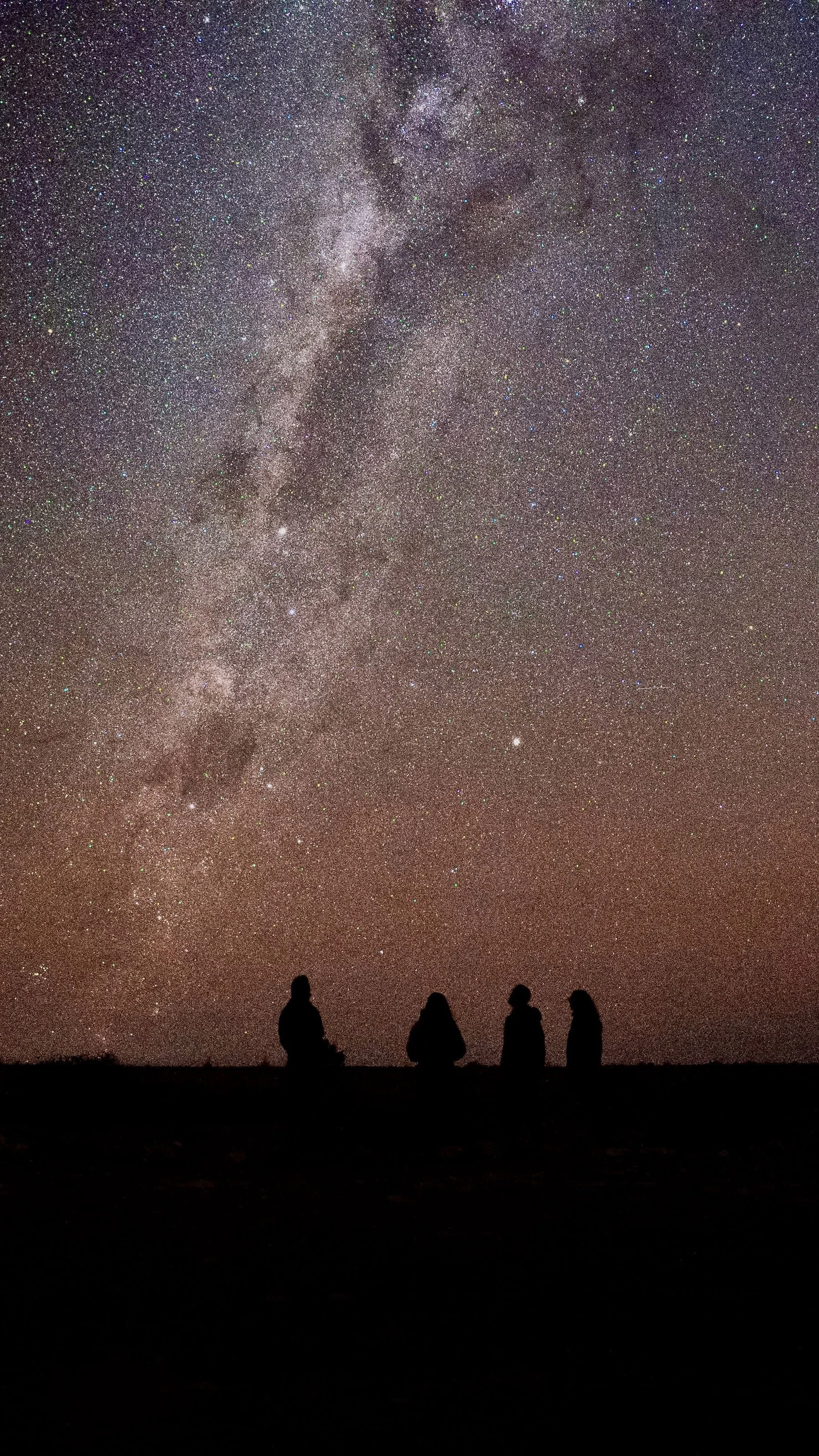 Silhouettes of four people standing outdoors at night, watching a clear, star-filled sky with the Milky Way galaxy visible.