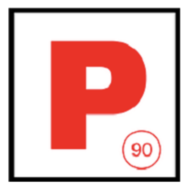 Parking sign with a red letter 'P' and a small red circle showing '90' in it.