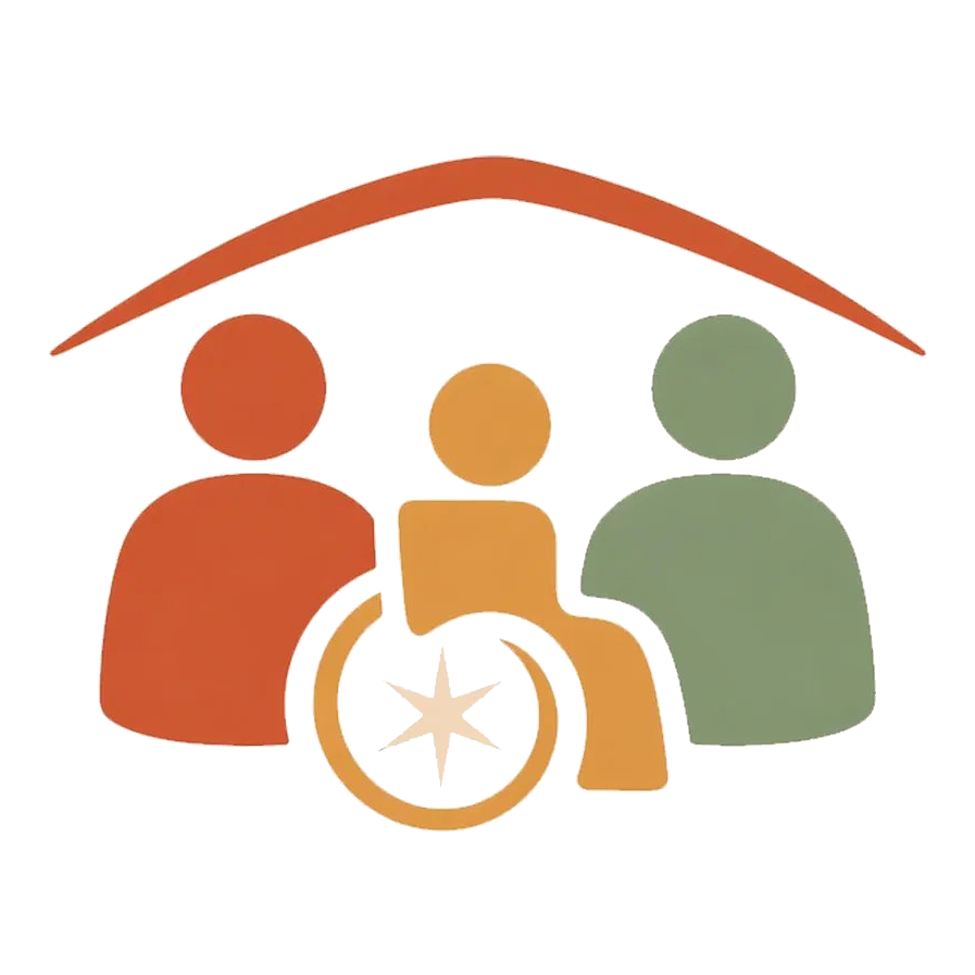 Illustration of three people under a red roof with a star and a circular arrow symbol, representing community or teamwork.