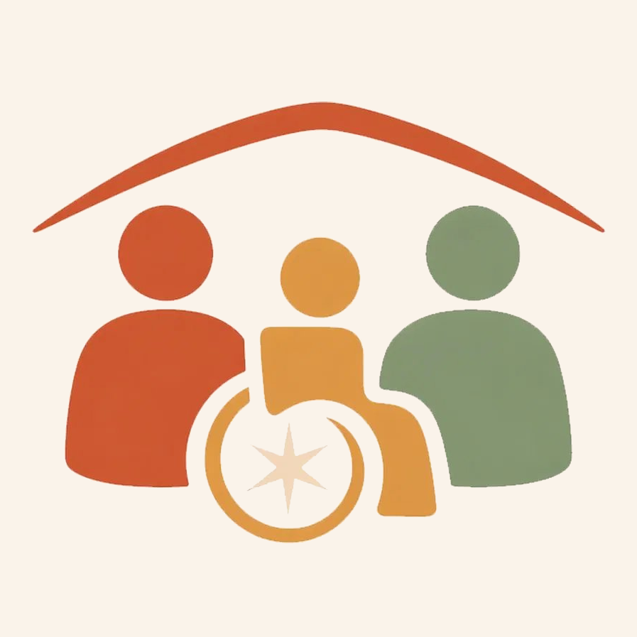Logo featuring three abstract figures representing people, with one in a wheelchair, underneath a curved line symbolizing a roof, in warm and cool colors.