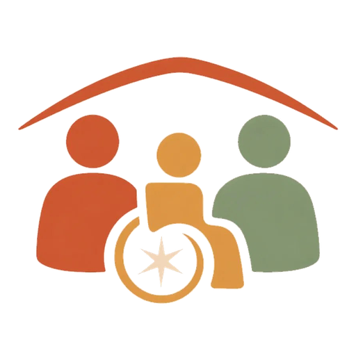 A graphic symbol representing support and inclusion for individuals with disabilities, featuring two adult figures, one in orange and one in green, and a person in a wheelchair, with a shelter-like roof above them.